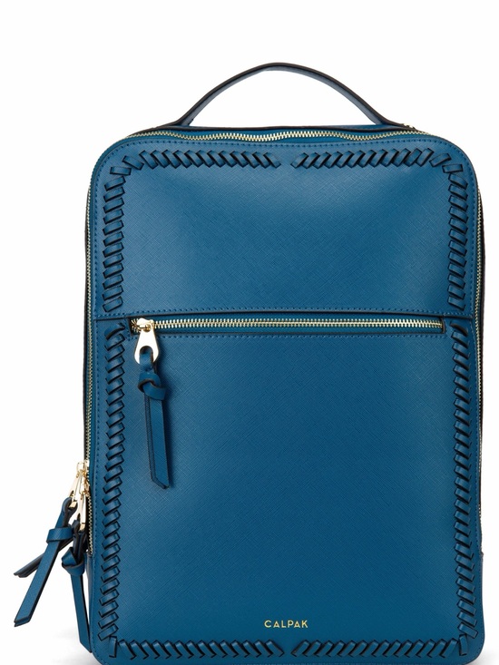 Calpak Handbags - Calpak Teal-Blue Leather Top Handle Backpack with Whipstitch